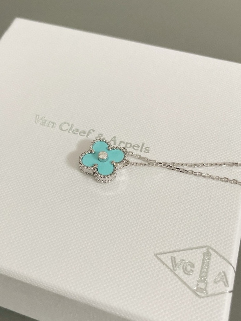 Van Cleef & Arpels Turquoise Alhambra Clover Necklace with Diamond Accent